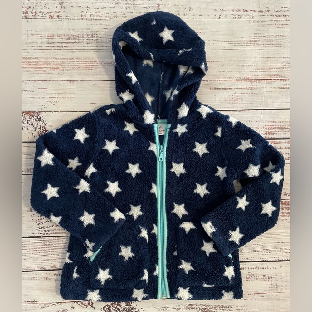 Hanna Andersson Stars Marshmallow Fleece Zip Up Hooded Jacket Size 90 3/3T Navy